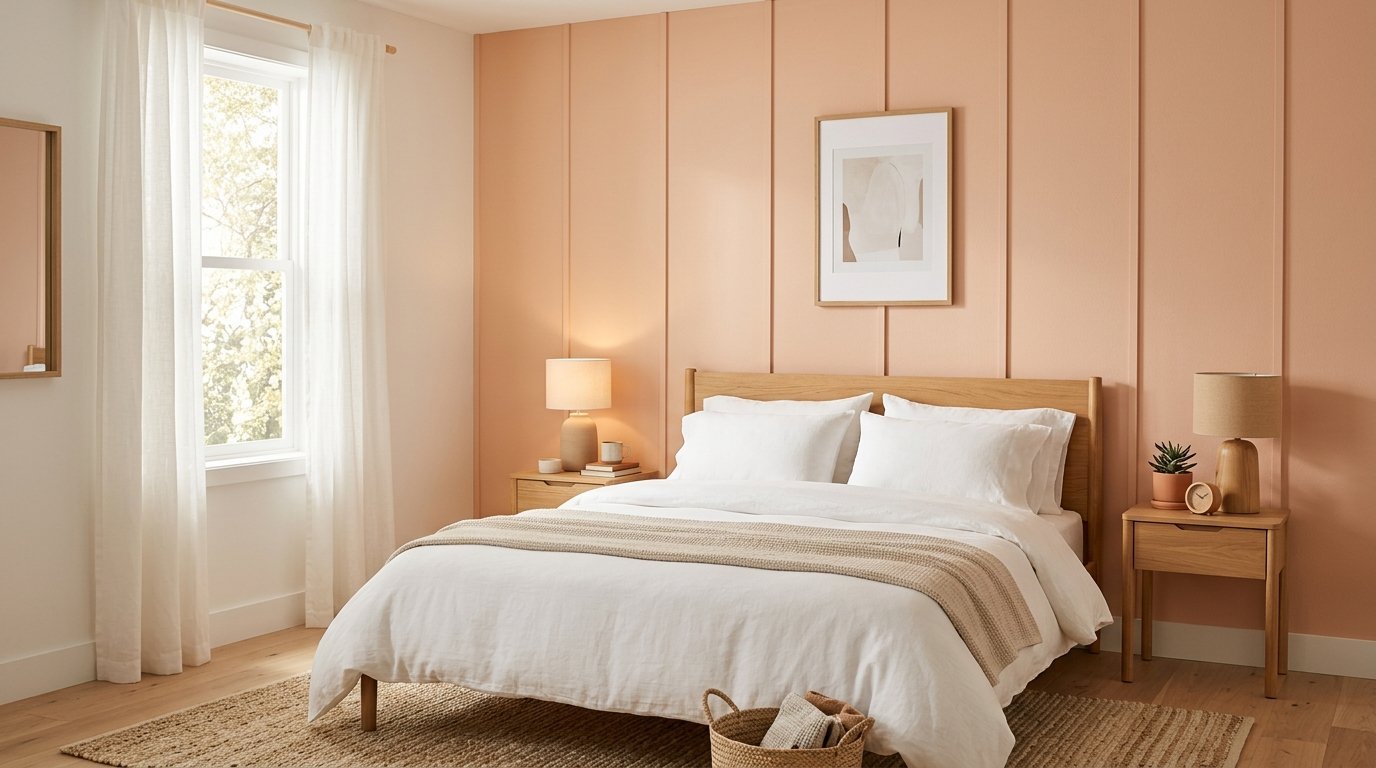 A serene bedroom with a wooden bed, white linens, and soft peach vertical wall paneling.