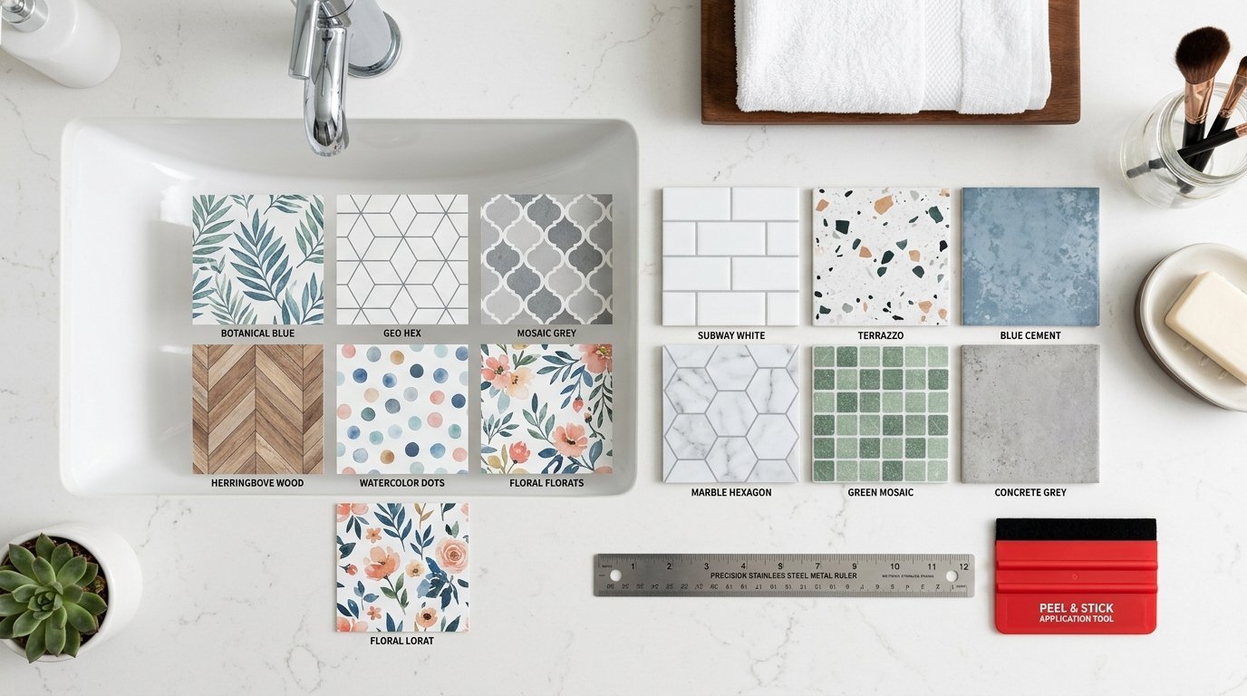 Top-down view of twelve varied adhesive square tile samples with tools on a white countertop.