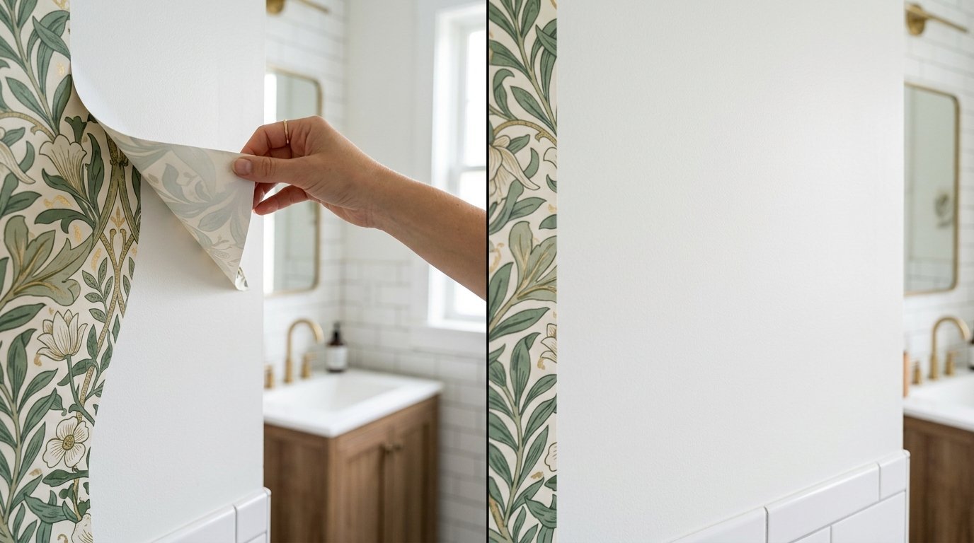 Close up of a hand removing the backing from adhesive botanical wallpaper next to a white tiled vanity.