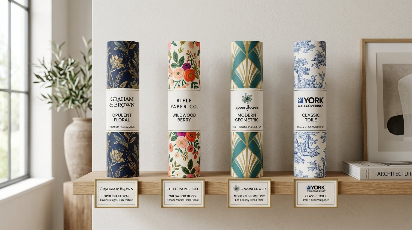 Selection of branded peel and stick wallpaper tubes with floral and geometric patterns displayed on a ledge.