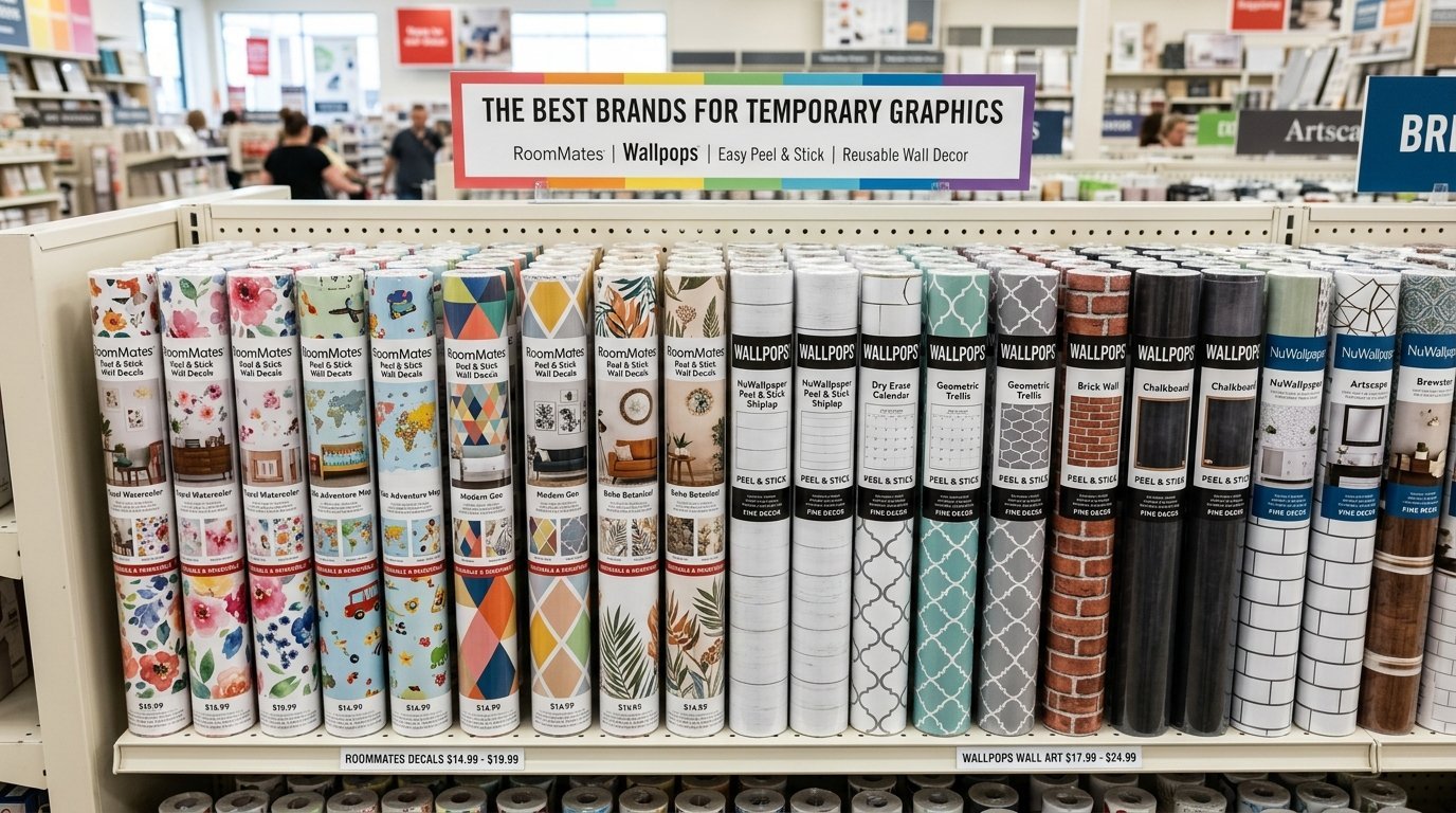 Retail store display shelf filled with various RoomMates and WallPops peel and stick wallpaper and decal rolls.