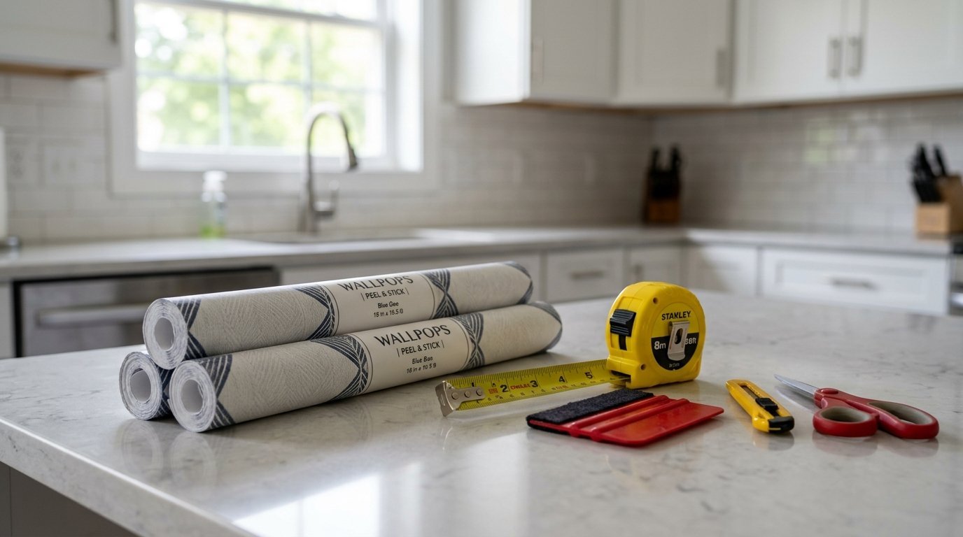 Stacked WallPops wallpaper rolls, Stanley tape measure, smoothing tool, utility knife, and scissors on a countertop.