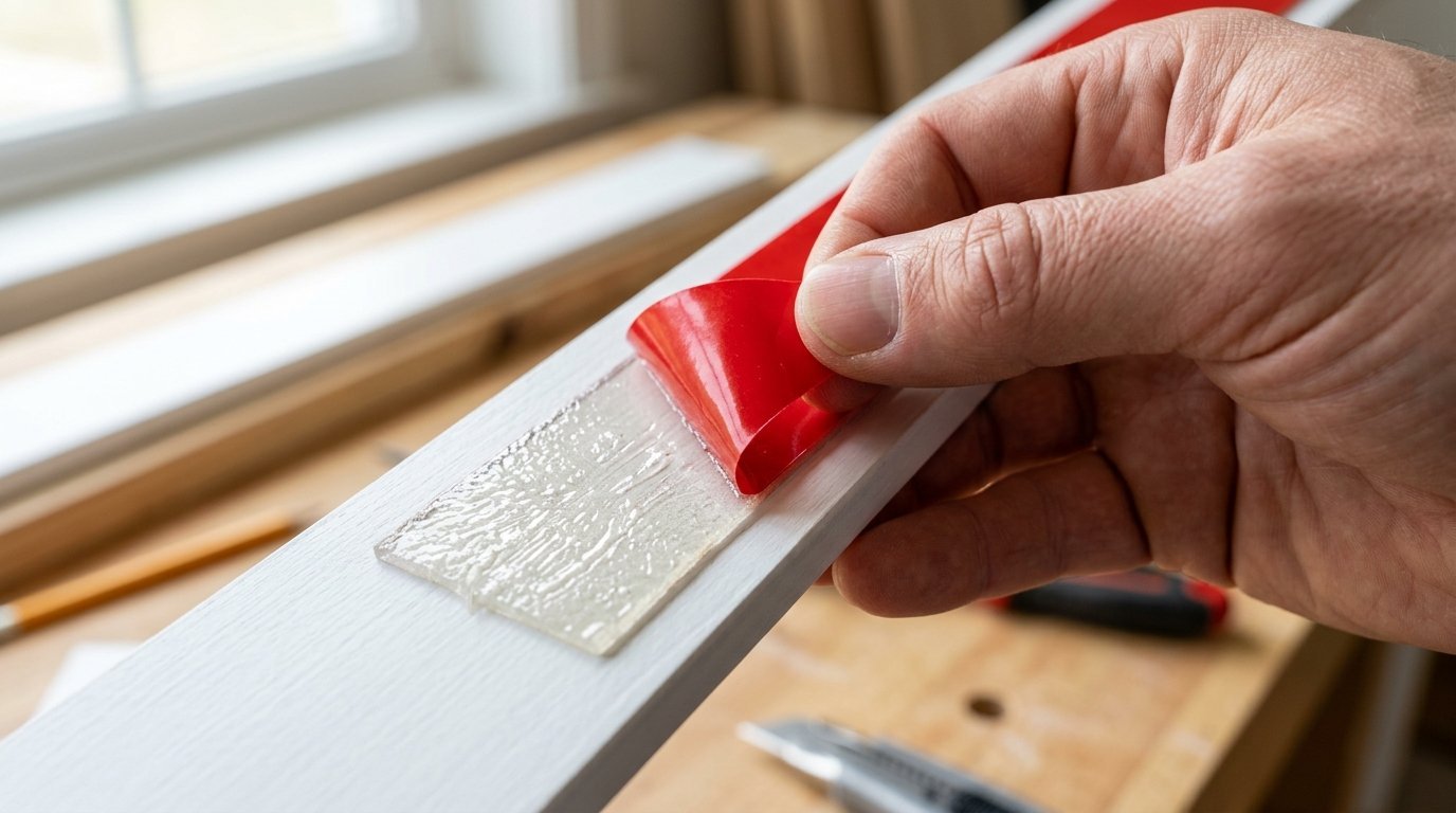 Close up of a person removing red plastic backing from mounting tape on a white wood trim piece.