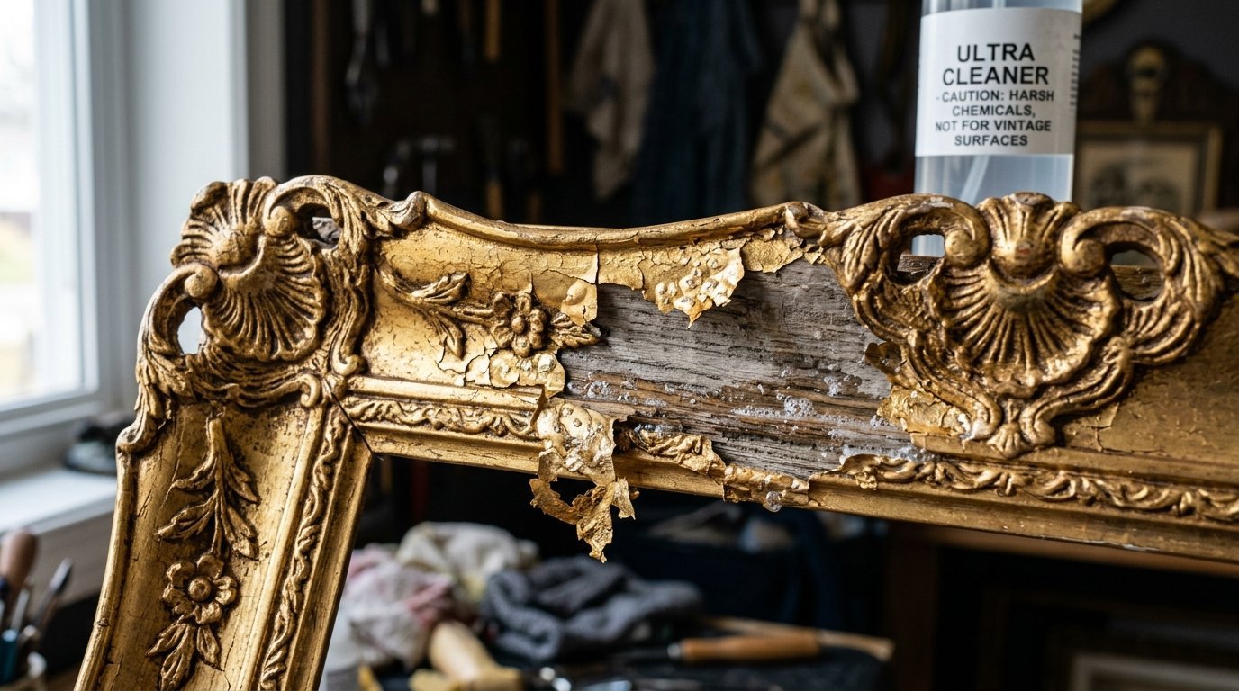 Close-up of a decorative gold frame with peeling leaf exposing raw wood in a workshop setting.