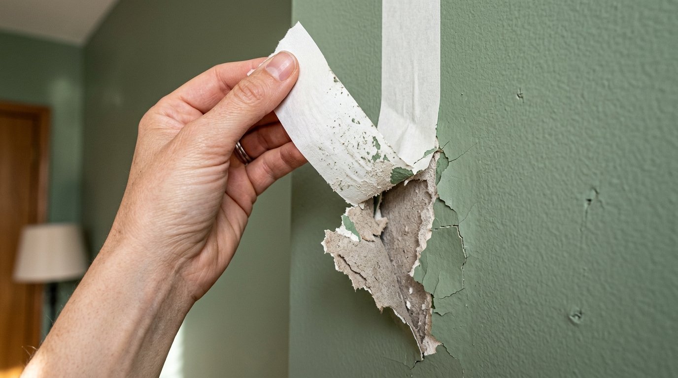 Close-up of a person pulling tape off a wall, resulting in cracked and peeling green paint.