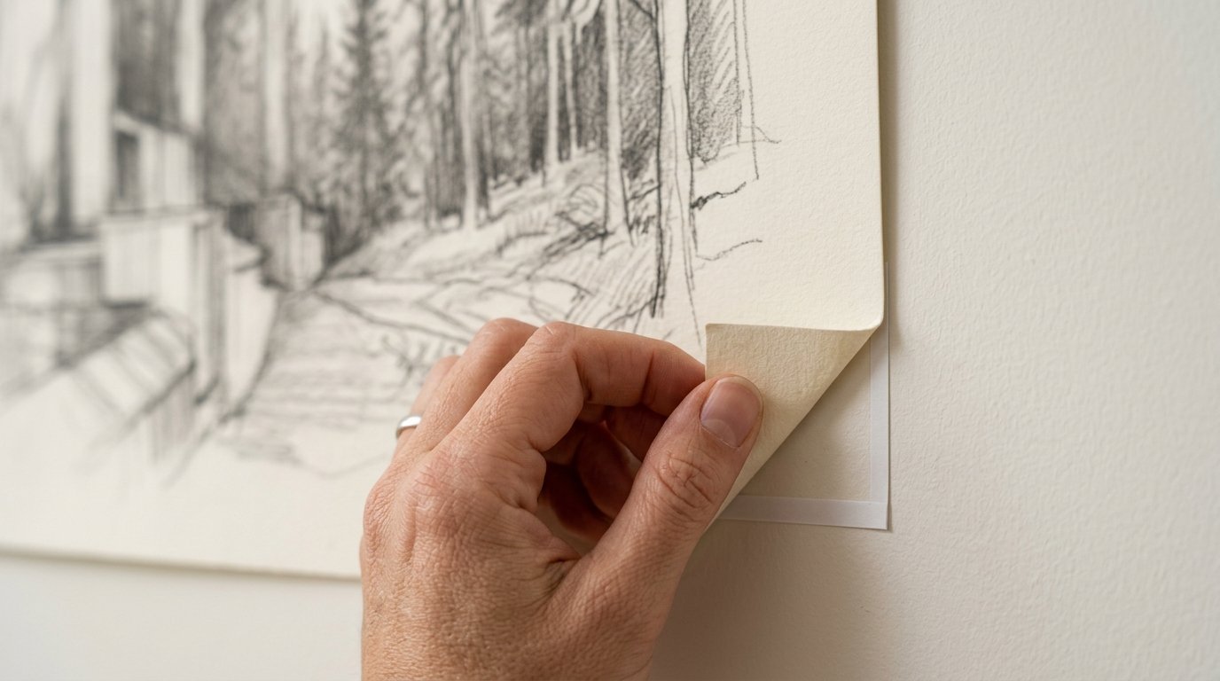 Close up of a hand lifting the corner of a graphite landscape drawing applied to a plain interior wall.