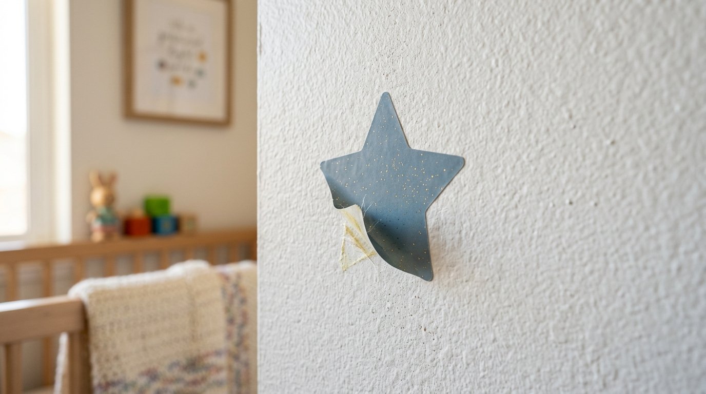 Close up of a blue star decal with gold flecks curling off a textured white nursery wall.
