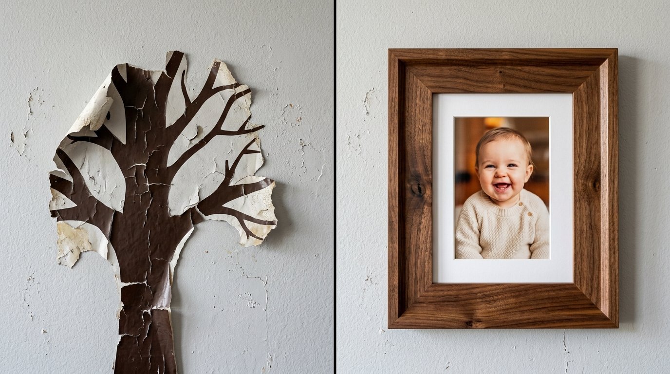Split view showing torn tree wallpaper on the left and a framed photo of a happy infant on the right.