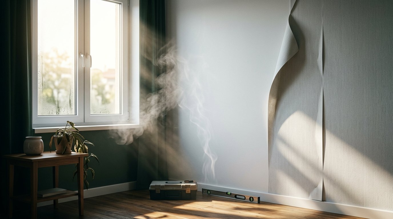 A piece of wallpaper hanging off a wall near a window with a toolbox and spirit level on the floor.