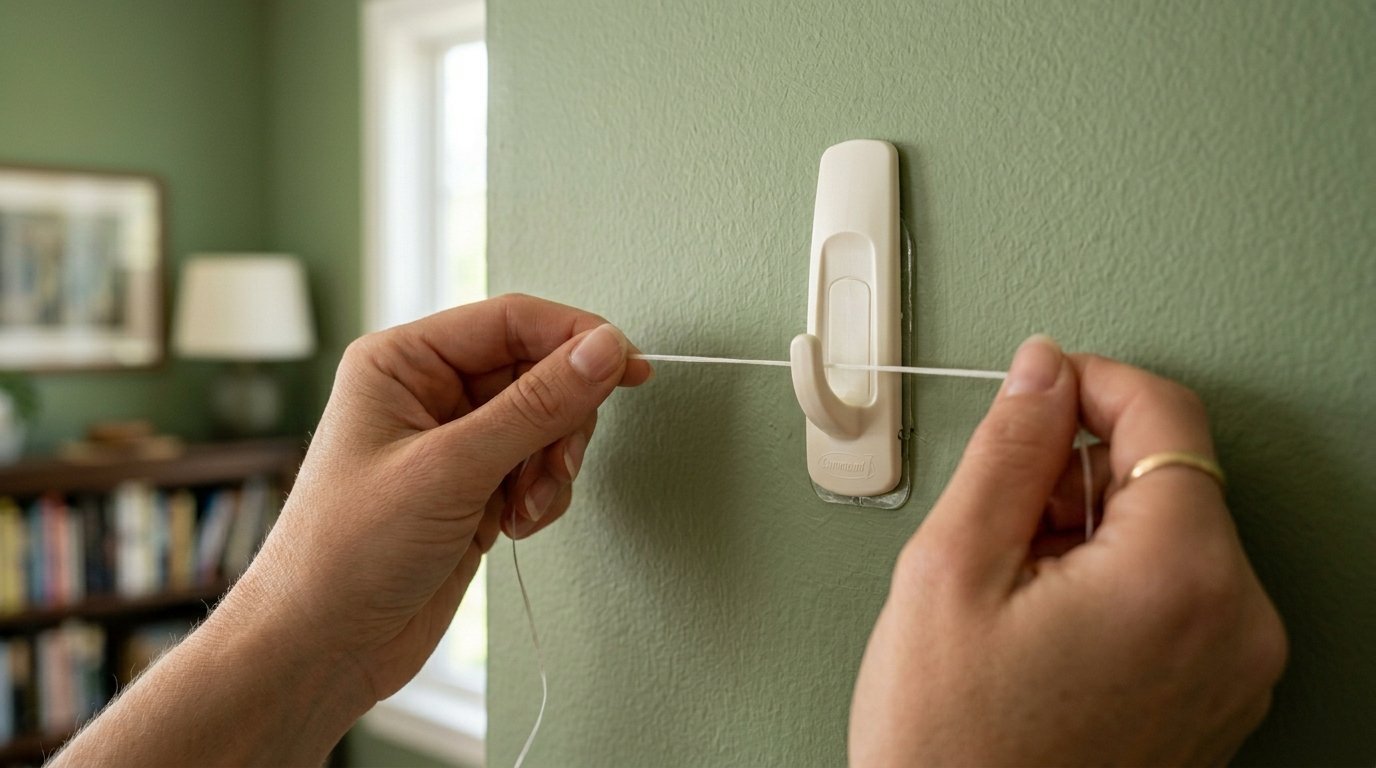 Close-up of hands pulling a piece of white thread against a plastic wall-mounted hook for alignment.