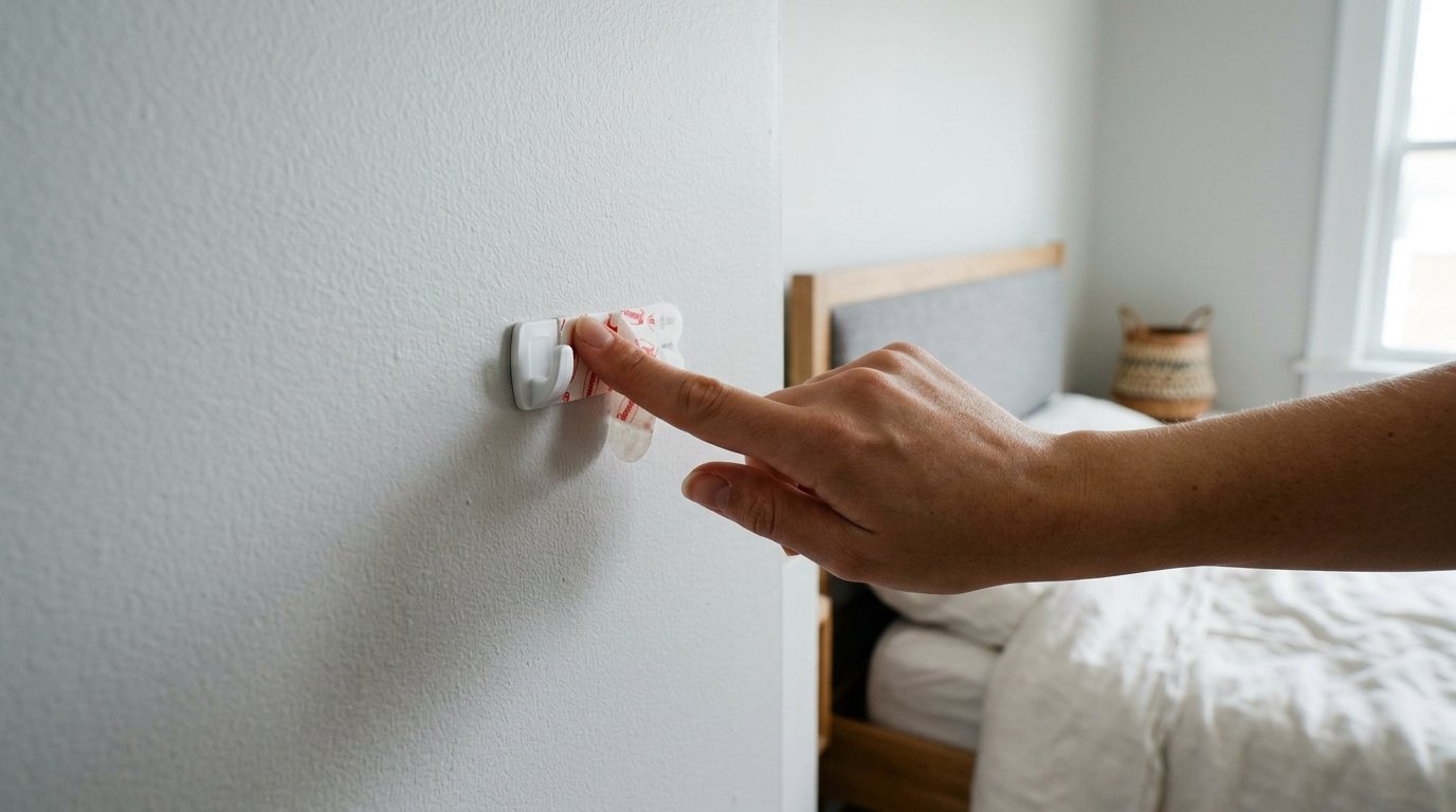 Close-up of a finger securing a temporary white wall hook with adhesive backing.