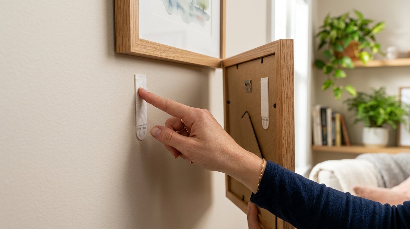 Close-up of a hand attaching an adhesive wall mounting strip to a beige wall for hanging a picture frame.