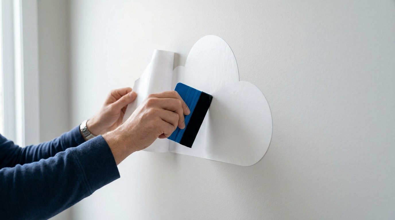 Close-up of hands using a squeegee to smooth a cloud-shaped vinyl sticker onto a white bedroom wall.