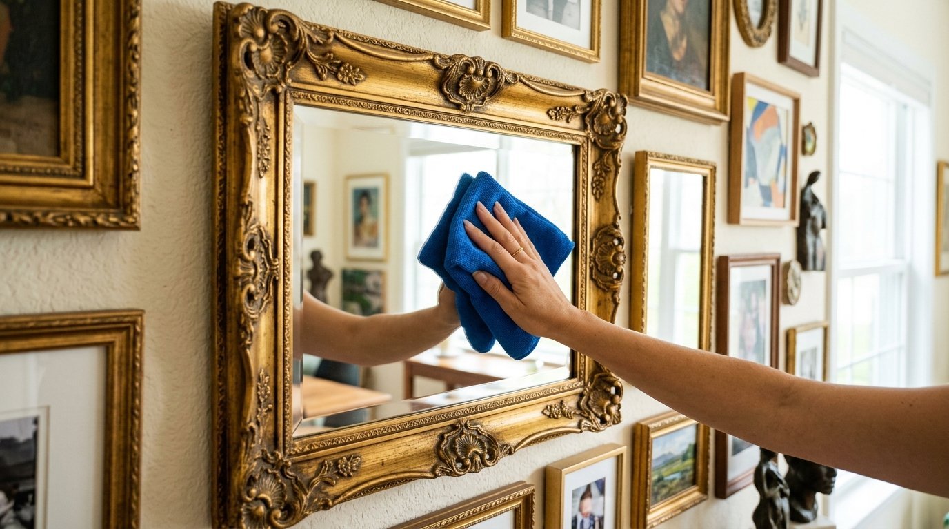 A person wipes a gold-framed mirror with a blue microfiber cloth on a gallery wall.