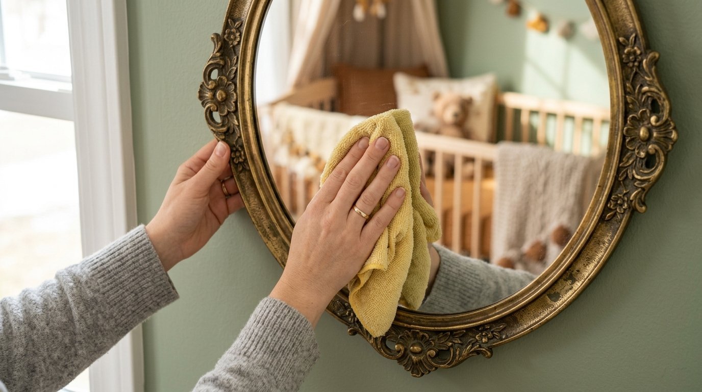 Close-up of hands using a yellow microfiber cloth to wipe a decorative antique-style wall mirror.