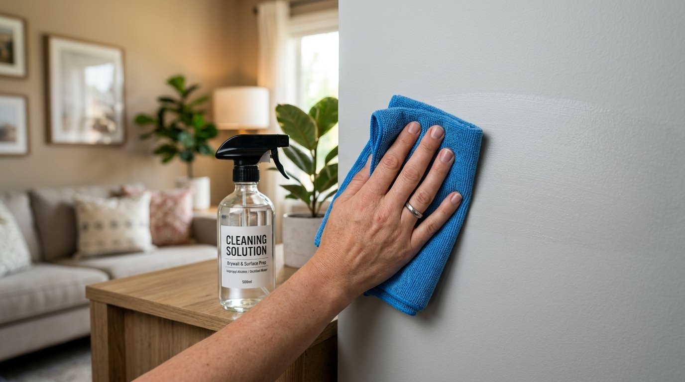 Close-up view of a hand using a microfiber cloth to clean a painted wall next to a spray bottle of cleaning solution.