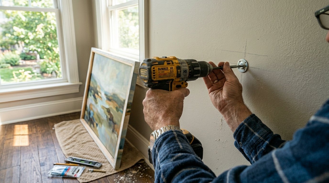 Close up of hands using a Dewalt power drill to drive a screw into a beige living room wall.