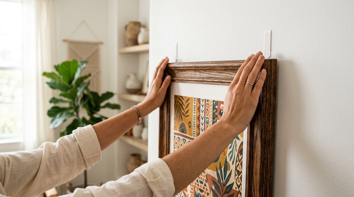 Close up of hands positioning a patterned art frame using adhesive wall strips.