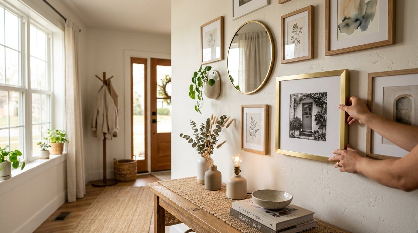 A person hanging a square gold picture frame on a home hallway wall filled with various art and a round mirror.