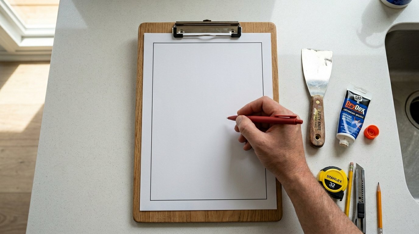 A person holding a red pen over a blank clipboard next to a putty knife, spackle, and measuring tape.