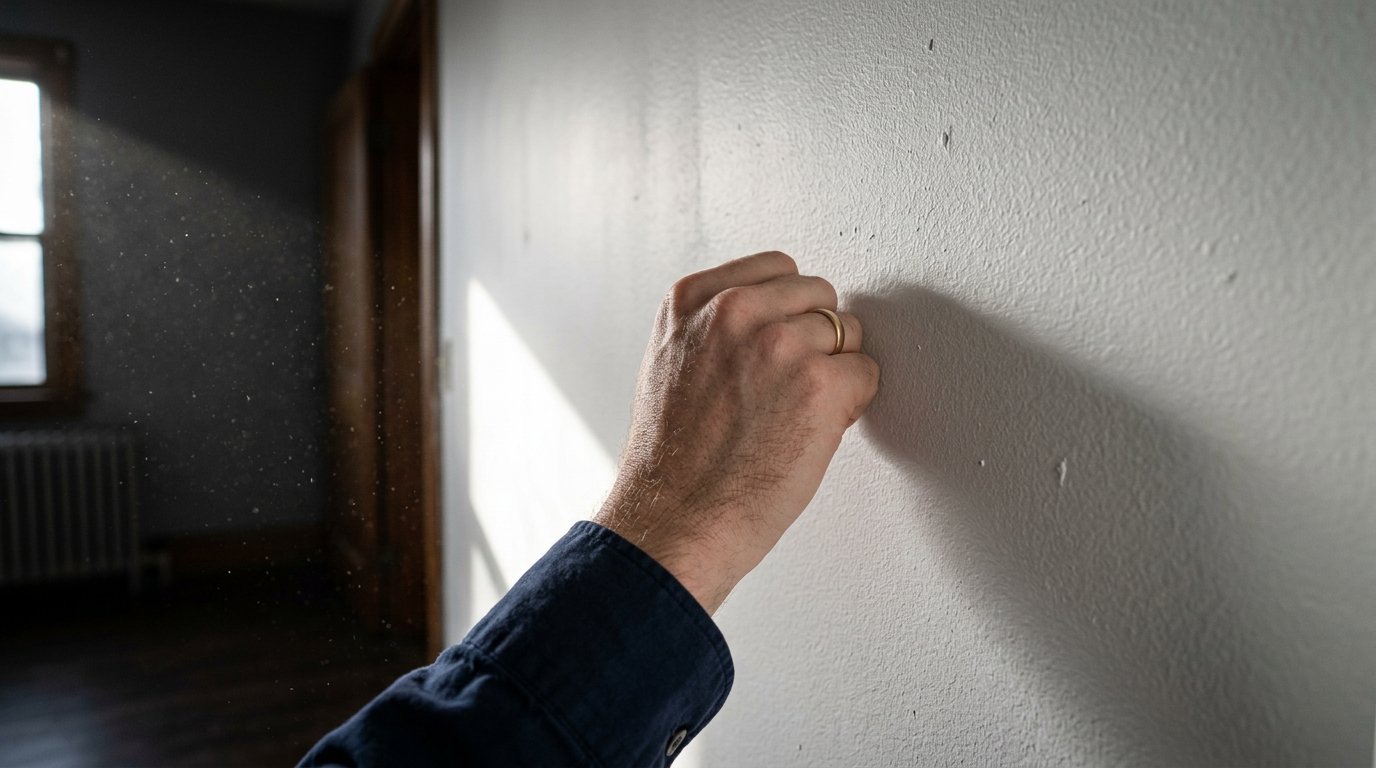 Close up of a hand with a wedding band reaching out to knock on an interior residential wall.