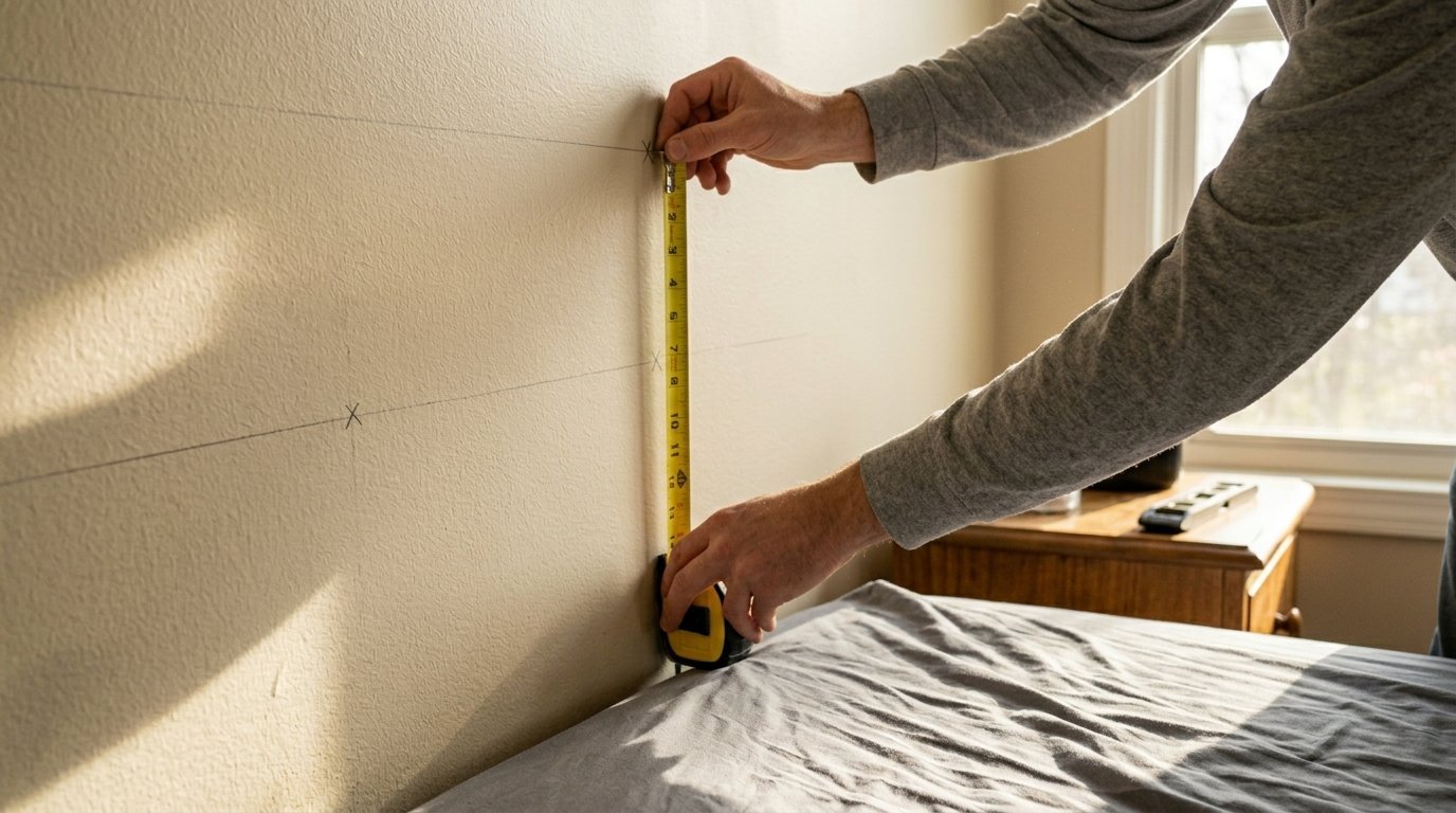 Close-up of hands using a yellow retractable measuring tape against a beige wall with pencil markings.
