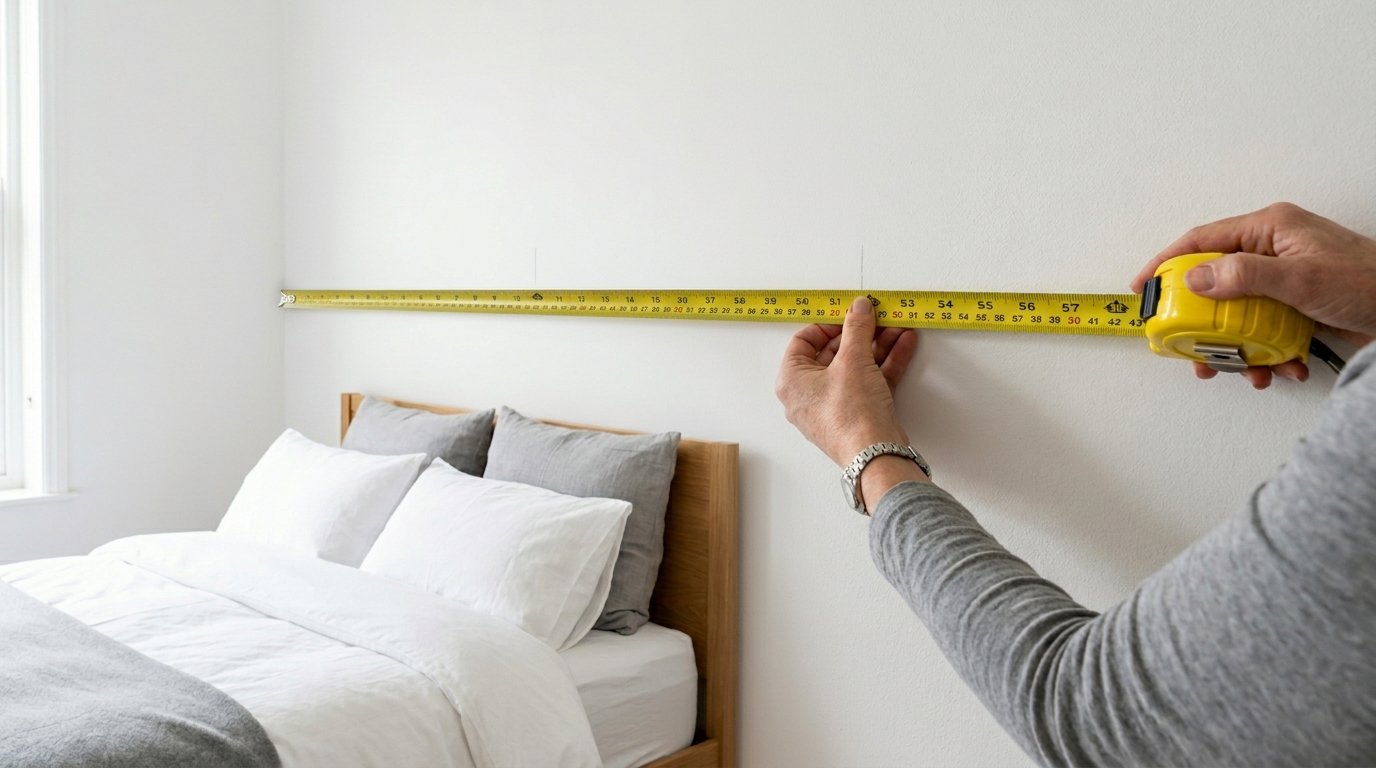 Hands holding a yellow tape measure against a white bedroom wall to mark a specific distance.