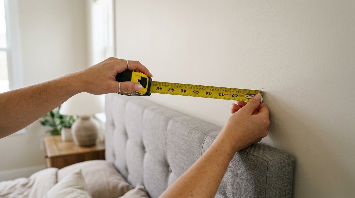 Close-up of hands using a yellow tape measure against a beige wall behind a grey upholstered headboard.