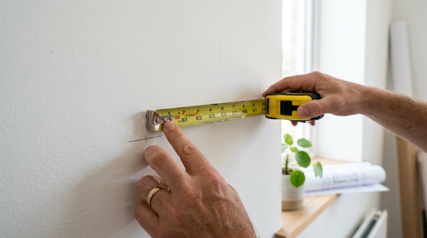 A person uses a yellow Stanley tape measure to mark a precise location on a white interior wall.