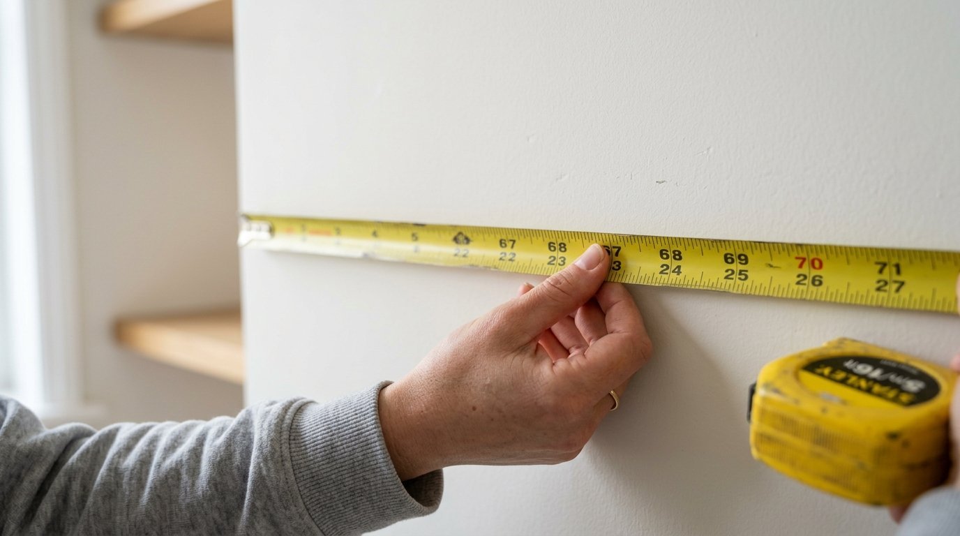 Close up of a hand holding a yellow metal tape measure against a plain white interior wall.