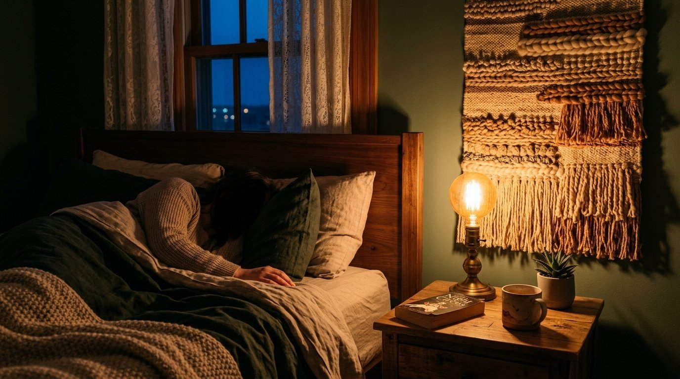 A person sleeps in a wooden bed next to a nightstand with a glowing lamp, book, and potted succulent.
