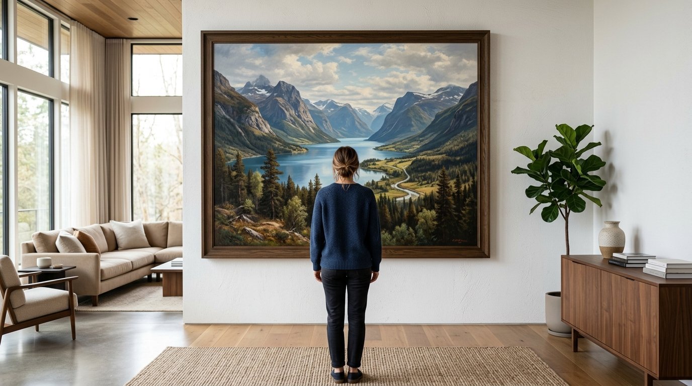 Woman with hair in a bun looking at a framed oil painting of a fjord and mountains in a modern living room.