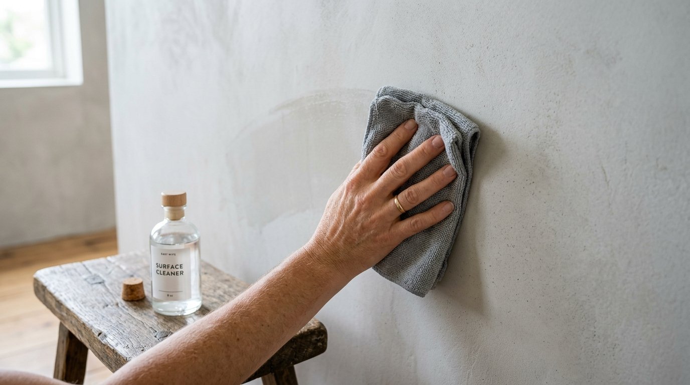 Close up of a hand using a grey rag to wipe a concrete wall next to a bottle of cleaner on a wooden stool.