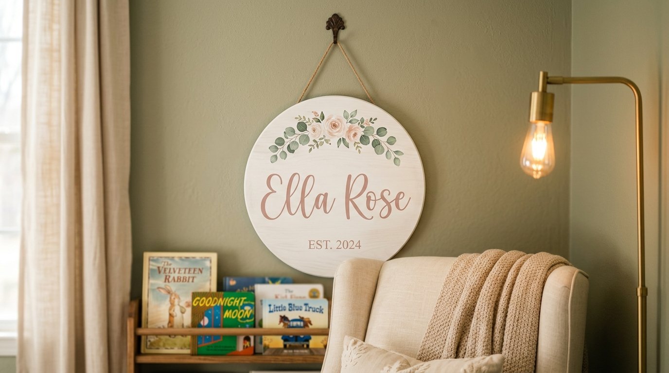 A circular white wooden wall hanging with floral art and the name Ella Rose above a beige armchair in a bedroom.