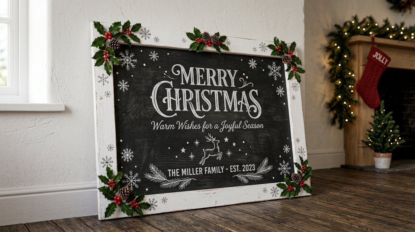 A wooden framed chalkboard with Christmas decorations featuring a deer, snowflakes, and holiday text.