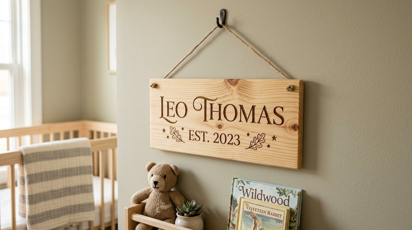 Custom wood plaque reading Leo Thomas Est. 2023 displayed above a teddy bear and books in a nursery.