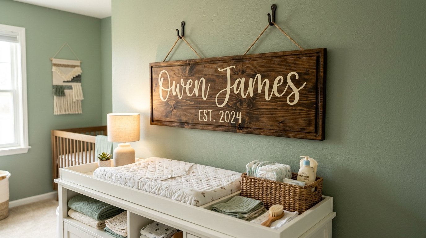 Custom wood name sign for Owen James hanging on a sage green wall over a changing table with nursery supplies.