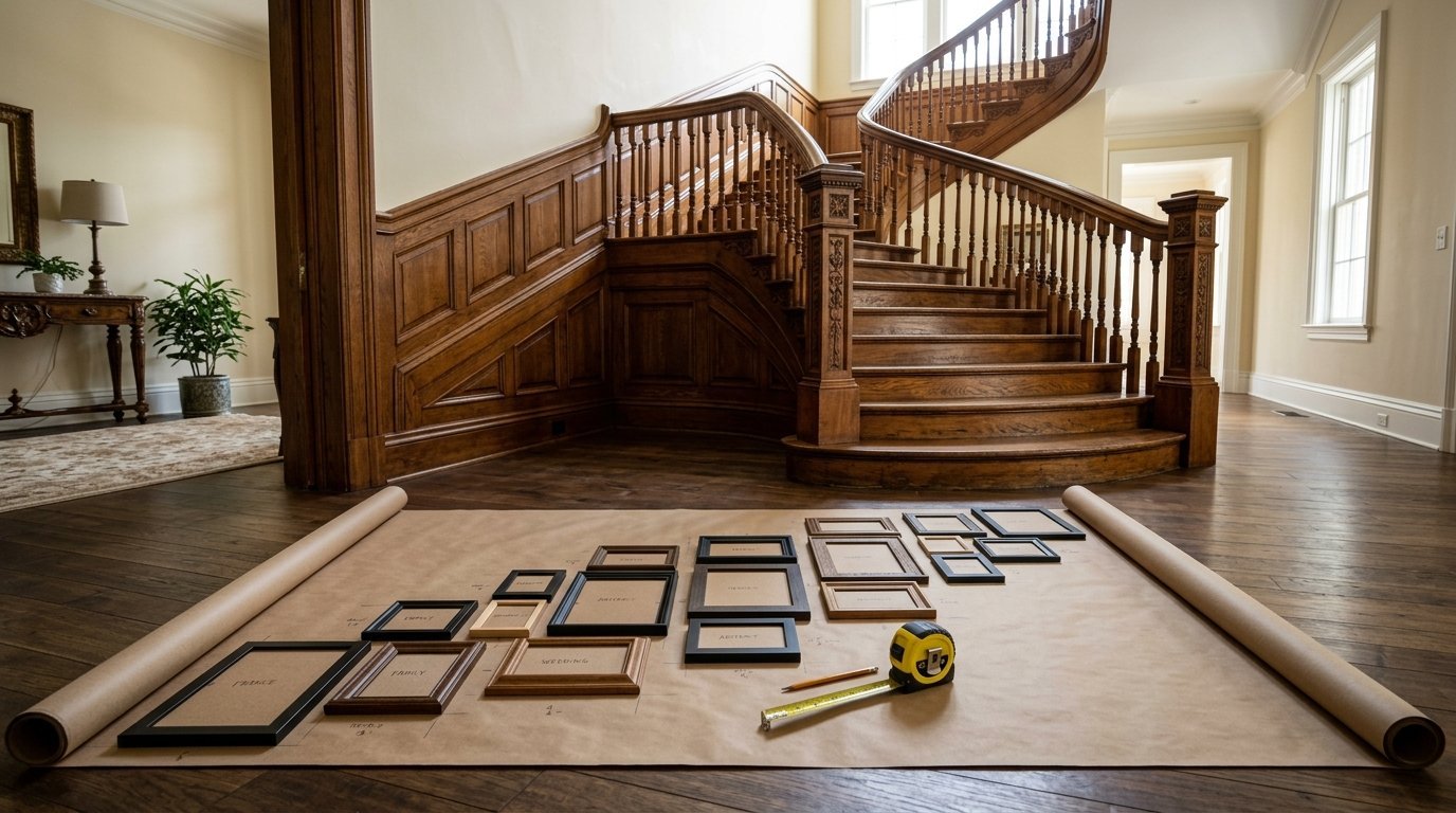 Empty picture frames arranged on paper on a hardwood floor before a wooden staircase.