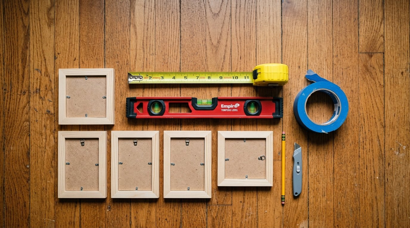Top-down view of empty wood frames, a yellow tape measure, spirit level, blue tape, and utility knife on wood flooring.