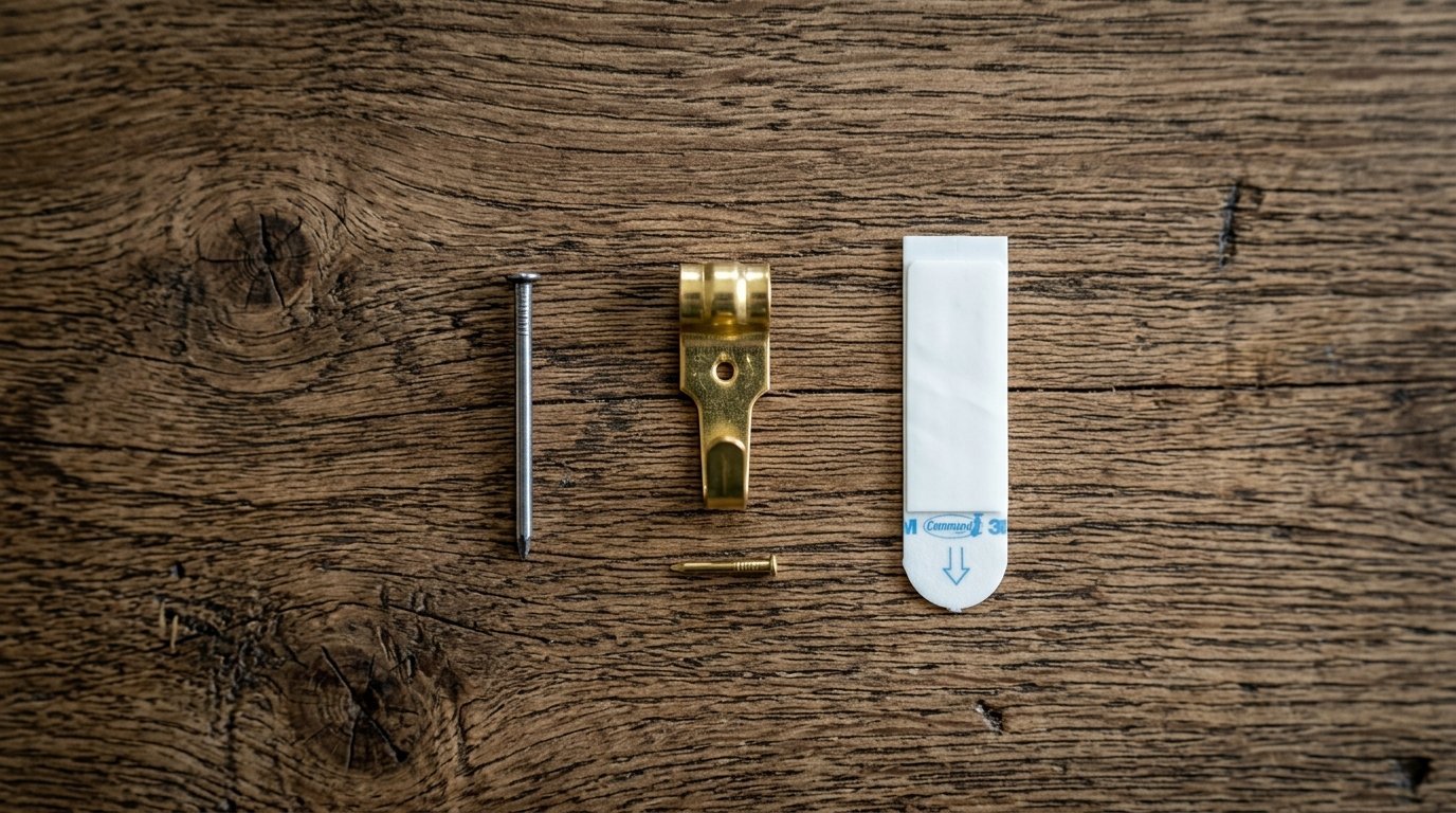 A nail, a brass wall hook with a small tack, and a Command adhesive strip laid on a rustic wooden table.