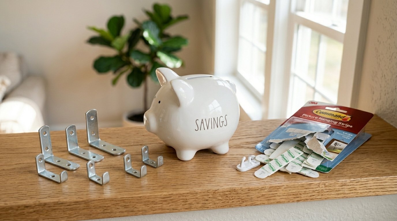 White piggy bank labeled savings next to metal corner brackets and a pack of Command picture hanging strips.