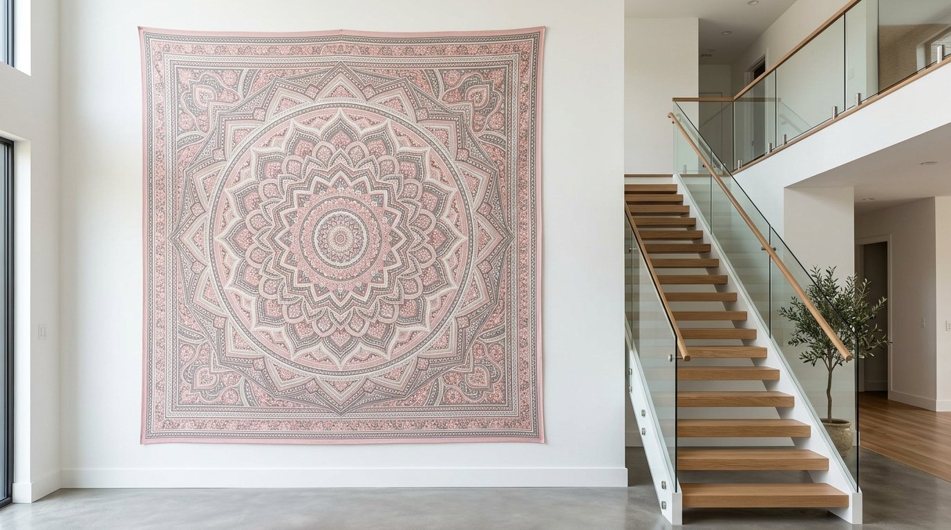 A soft pink and grey circular mandala wall hanging displayed next to a modern wooden staircase.