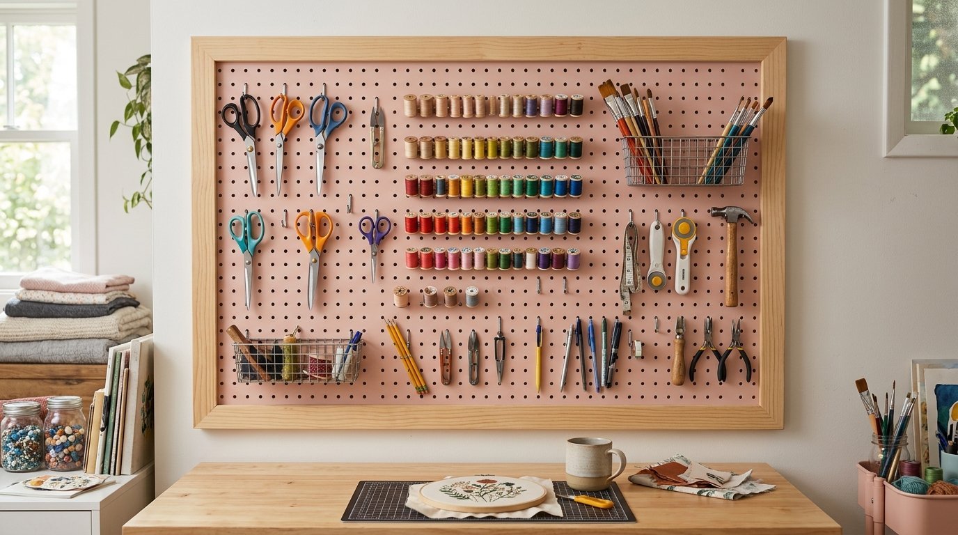 A wooden-framed pink pegboard displays colorful thread spools, various scissors, paintbrushes, and crafting hand tools.