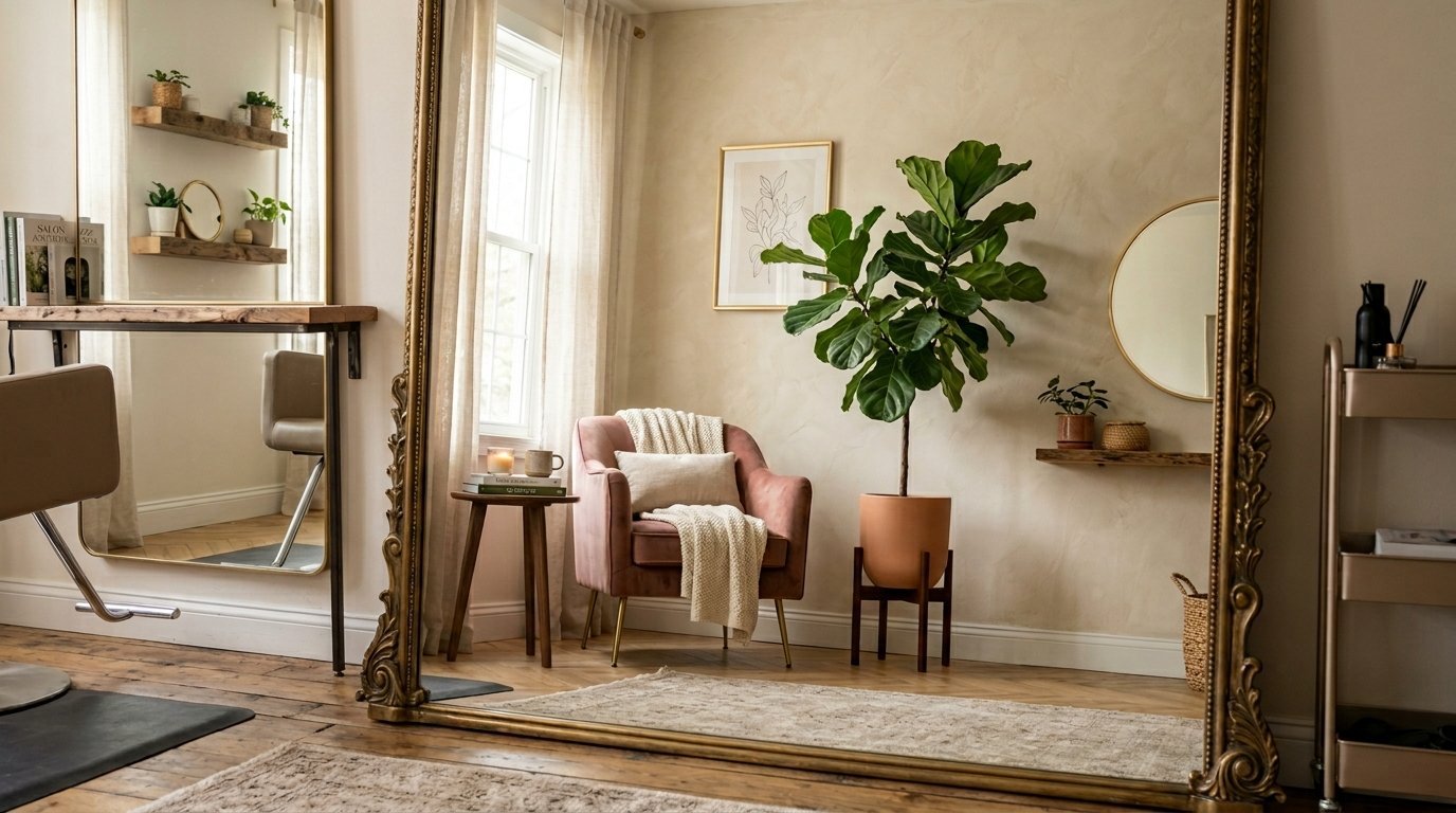 A soft pink armchair, fiddle leaf fig plant, and large gold floor mirror in a bright, modern studio space.