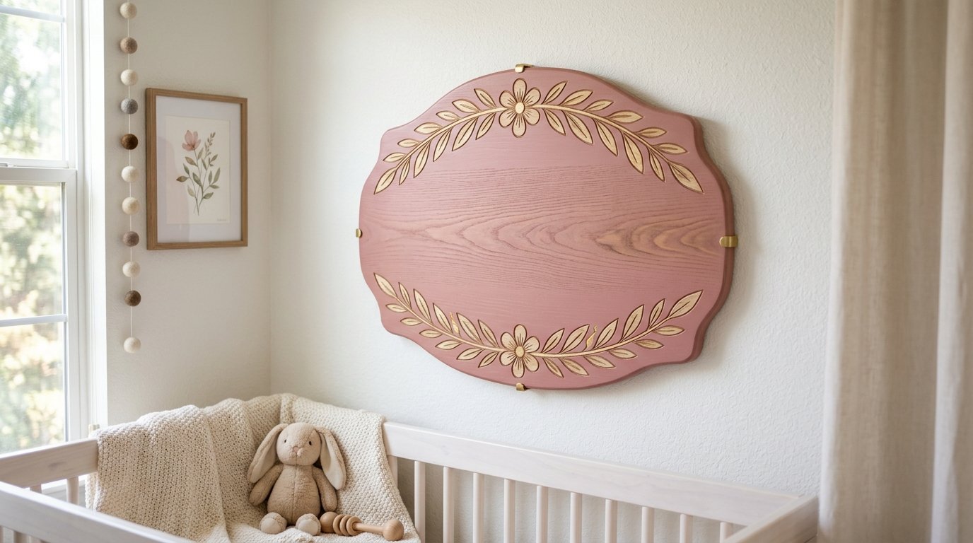 A decorative oval wooden sign painted pink with gold flower accents hanging above a baby crib.