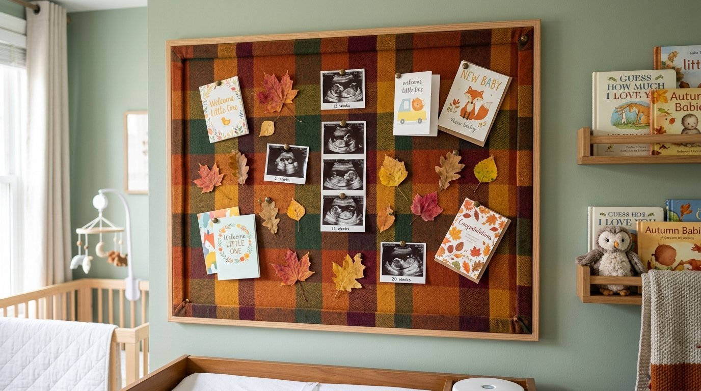 Plaid fabric pinboard decorated with fall leaves, baby announcements, and ultrasound photos in a sage green nursery.