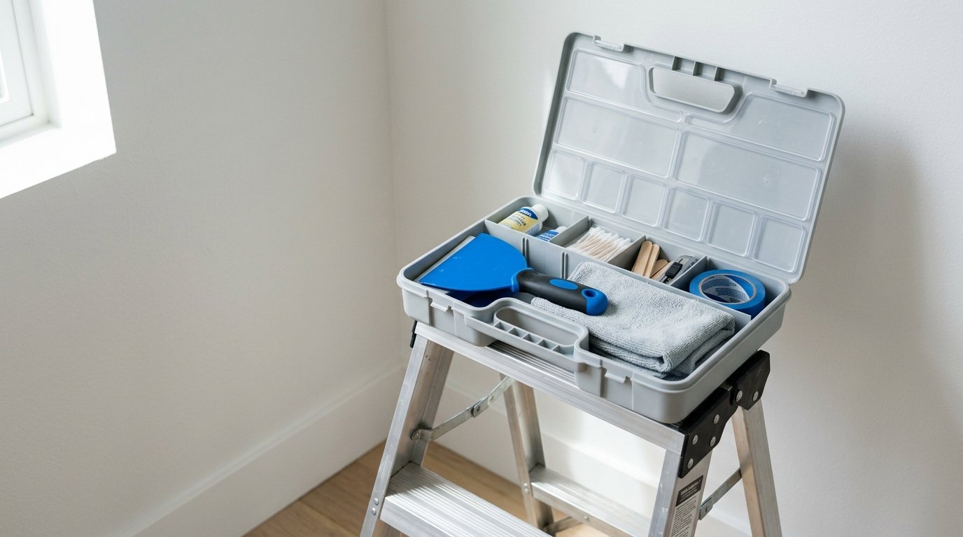 A gray utility case with home repair supplies rests on a small folding ladder.