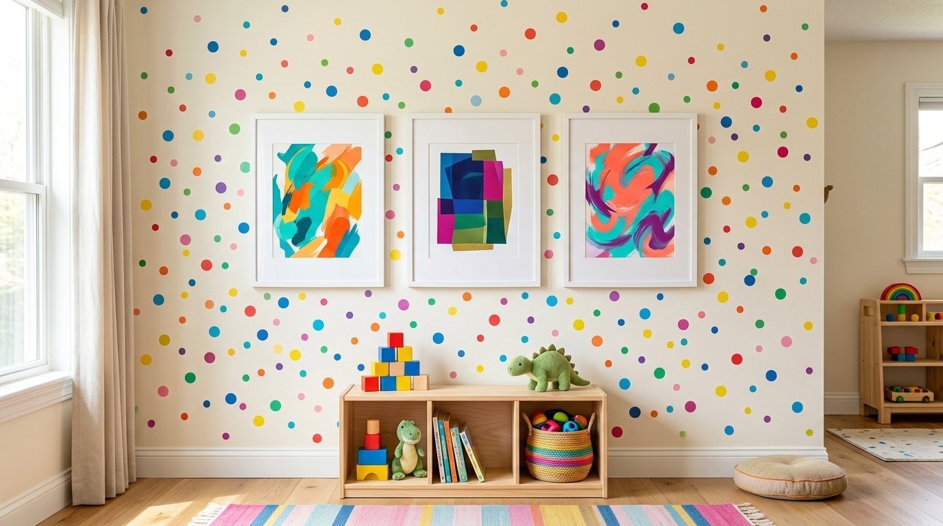 Children's room wall decorated with colorful polka dots, three framed abstract art prints, and a wooden toy shelf.