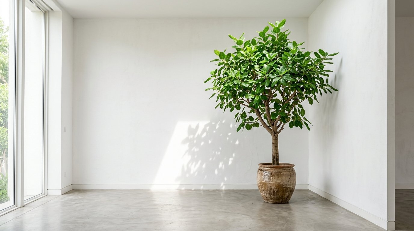 A lush green ficus tree in a weathered ceramic pot placed in a bright, modern white room corner.