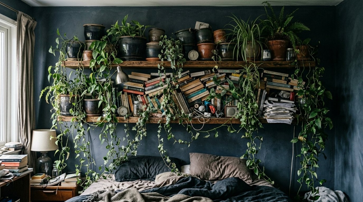 A bedroom wall featuring two wooden shelves crowded with hanging houseplants and disorganized books above a dark bed.
